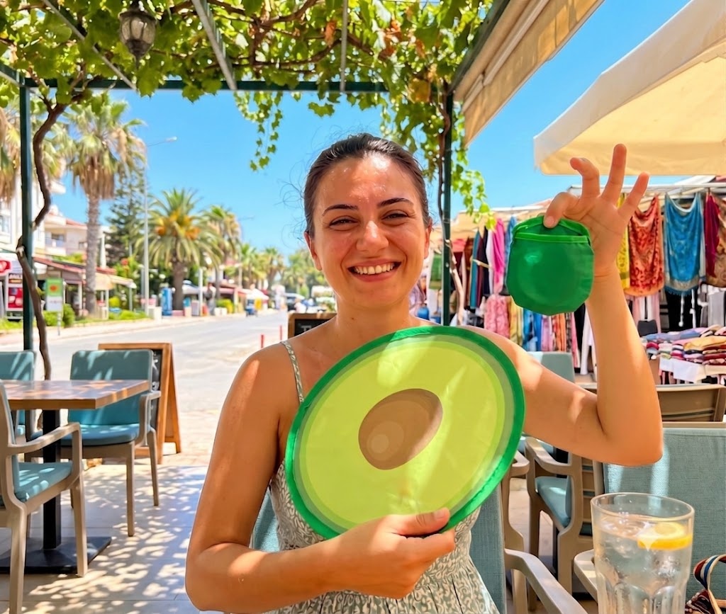 Sokakta avokado desenli cep yelpazesi ve mini kılıfını gösteren kadın